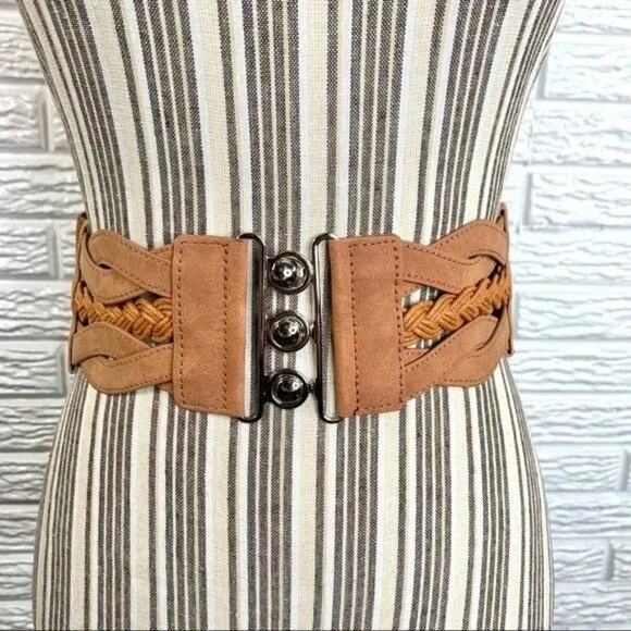 Wide Tan Elastic Belt Braided Faux Leather Front - Picture 1 of 7